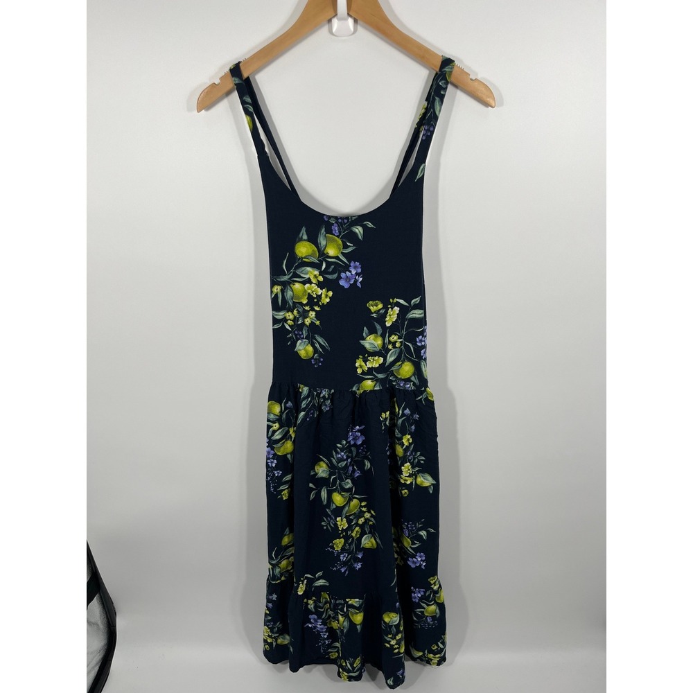 Womens Cotton Blend Maxi Dress M‎ Navy Blue Lemon Print Euro Summer Resort Chic